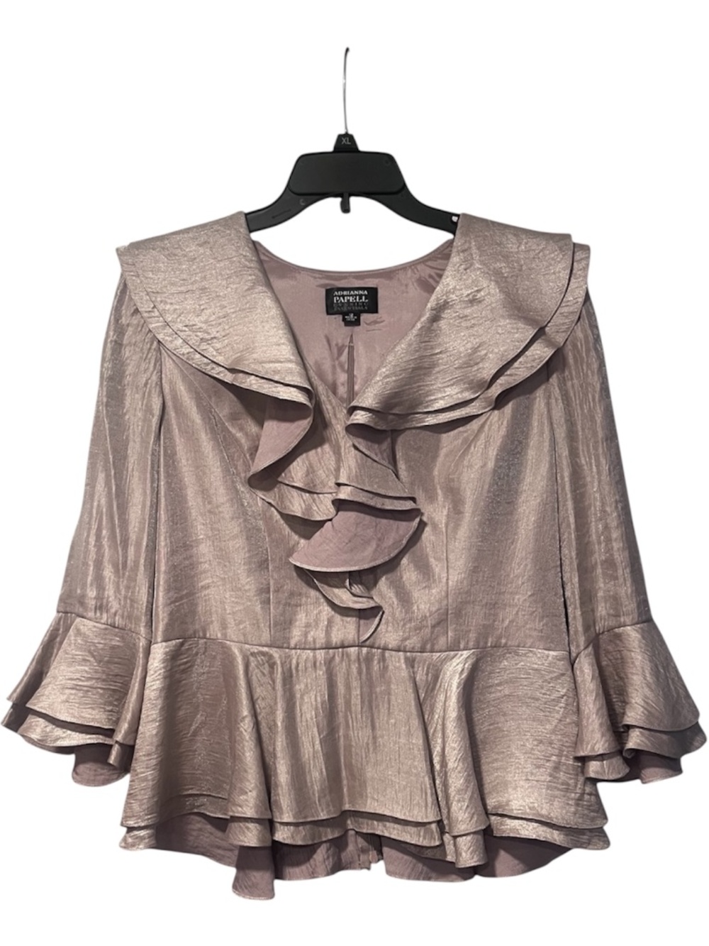 Adrianna Papell Metallic Champagne Ruffle Peplum Blouse Small Elegant V-Neck